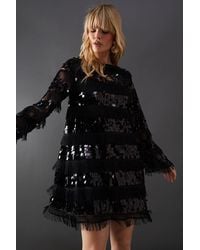 Warehouse - Premium Lace Sequin Frill Tier Mini Smock Dress - Lyst