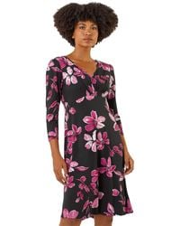 Roman - Floral Print Gathered Stretch Midi Dress - Lyst