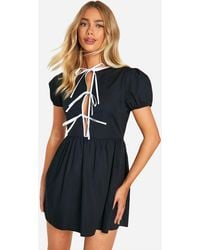 Boohoo - Contrast Bow Front Mini Smock Dress - Lyst