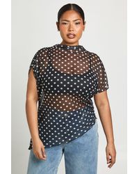 Boohoo - Plus Mesh Polka Dot High Neck Ruched Side Asymmetric Top - Lyst