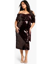 Boohoo - Plus Premium Sequin Off The Shoulder Midi Dress - Lyst
