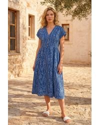 Roman - Leaf Print Button Midi Dress - Lyst