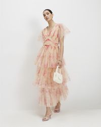 River Island - Tulle Midi Dress V-Neck Size Zip - Lyst