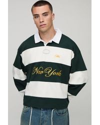 BoohooMAN - Oversized Shrunken Boxy New York Embroidered Stripe Rugby Polo - Lyst
