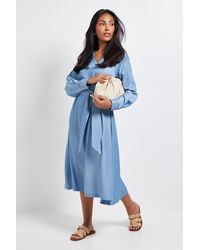 Wallis - Petite Denim Look Tie Waist Midi Dress - Lyst