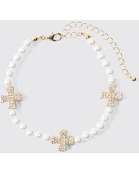 BoohooMAN - Pearl Bracelet With Iced Cross Charms - Lyst