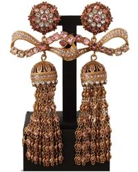 Dolce & Gabbana - Gold Dangling Crystals Long Clip-on Jewelry Earrings Brass - Lyst