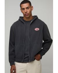 BoohooMAN - Oversized Boxy Western Embroidered Washed Zip Thru Hoodie - Lyst