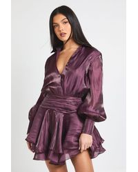 Boohoo - Textured Satin Ruched Frill Skirt Mini Dress - Lyst