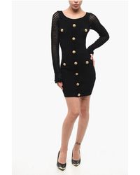 Balmain - Geribbelde Mini-jurk Met Geperforeerde Mouwen En Decoratieve Knopen In Zwart - Lyst