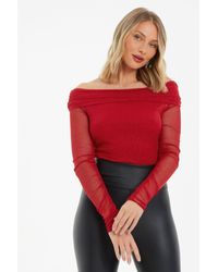 Quiz - Red Glitter Mesh Bardot Bodysuit - Lyst
