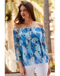 Sosandar - Multi Print Plisse Mesh Bardot Top - Lyst