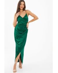 Quiz - Bottle Green Satin Wrap Maxi Dress - Lyst