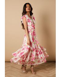 Oasis - Petite Printed Twist Front Detail Tiered Midi Dress - Lyst