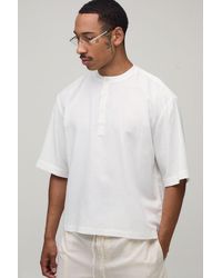 BoohooMAN - Oversized Boxy Linen Blend Half Sleeve Henley Shirt - Lyst