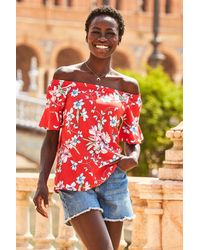 Sosandar - Print Fluted Sleeve Bardot Top Denim - Lyst