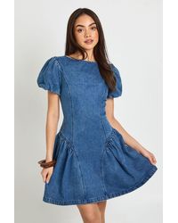 Boohoo - Puff Sleeve Denim Mini Dress - Lyst