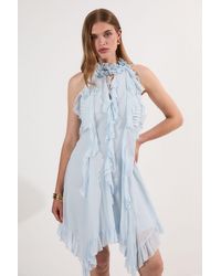 Karen Millen - Viscose Georgette Ruffle Halter Neck Woven Top Mini Dress - Lyst