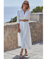 Sosandar - Linen Midi Shirt Dress With Raffia Belt - Lyst