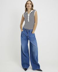 River Island - Wide Leg Jeans Baggy Fit Tie Waist Cotton - Lyst