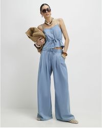 River Island - Wide Leg Trousers Denim Look Drawstring Cotton - Lyst