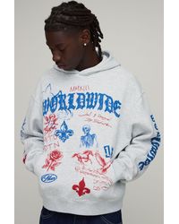 BoohooMAN - Marl Oversized Boxy Gothic Doodle Print Hoodie Cotton - Lyst