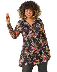 Roman - Curve Floral Print V-Neck Zip Front Top - Lyst