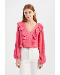 Hiccup - Solid V Neck Ruffled Long Sleeve Romantic Blouse - Lyst