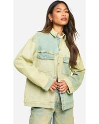 Boohoo - Patchwork Greenwash Fray Detail Oversized Denim Shacket - Lyst