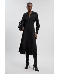 Karen Millen - Pleated Detail Cotton Long Sleeve Woven Midi Dress - Lyst