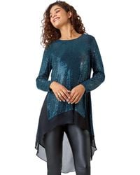 Roman - Chiffon Hem Sequin Stretch Tunic Top - Lyst