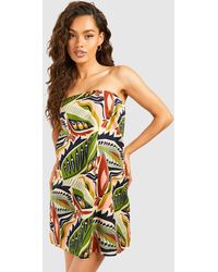 Boohoo - Printed Linen Look Bandeau Mini Dress - Lyst