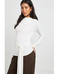 Boohoo - Cowl Neck Long Sleeve Tie Waist Top - Lyst