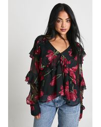 Boohoo - Floral Ruffle Chiffon Blouse - Lyst