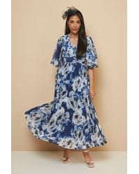 Wallis - Petite Floral Print Pleated Cape Sleeve Midi Dress - Lyst