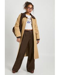Boohoo - Belted Trench Coat With Contrast Faux Leather Collar - Lyst