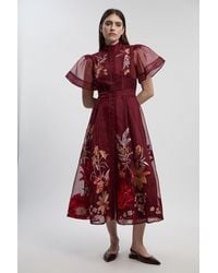 Karen Millen - Petite Botanical Embroidery Organdie Angel Sleeve Midi Dress - Lyst