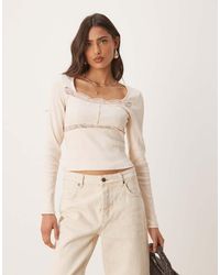 ASOS - Ribbed Long Sleeve Top With Lace And Button Detail - Lyst