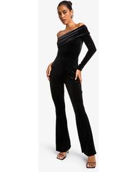 Boohoo - Velvet Bardot Asymmetric Jumpsuit - Lyst