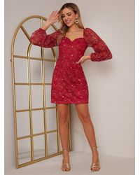 Chi Chi London - Long Sleeve Floral Lace Mini Dress - Lyst