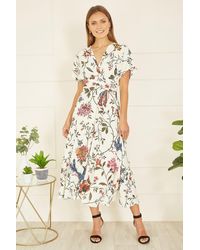 Yumi' - Ivory Bird And Floral Print Ruched Waist Kimono Midi Dress - Lyst