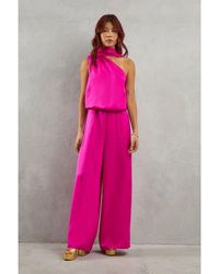 Warehouse - One Shoulder Drop Waist Satin Wide Leg Jumpsuit - Lyst