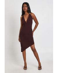 Boohoo - Double Layer Slinky Trim Plunge Front Asym Hem Dress - Lyst