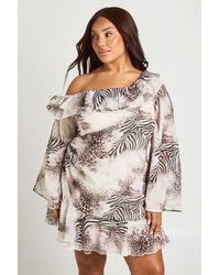 Boohoo - Plus Mixed Animal Strappy Ruffle Chiffon Mini Dress - Lyst