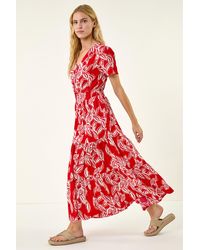 Roman - Leaf Print Shirred Maxi Dress - Lyst