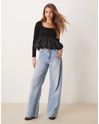 Glamorous - Square Neck Long Sleeve Top With Puffball Hem - Lyst