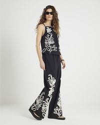 River Island - Wide Leg Trousers Embroidered Drawstring Cotton - Lyst