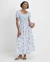 River Island - Midi Dress Cotton Floral Shirred Short Sleeve - Lyst