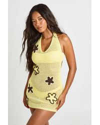 Boohoo - Crochet Floral Corsage Halter Mini Dress - Lyst