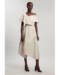 Karen Millen - Premium Viscose Linen Tailored Asymmetric Neck Full Skirted Midi Dress - Lyst